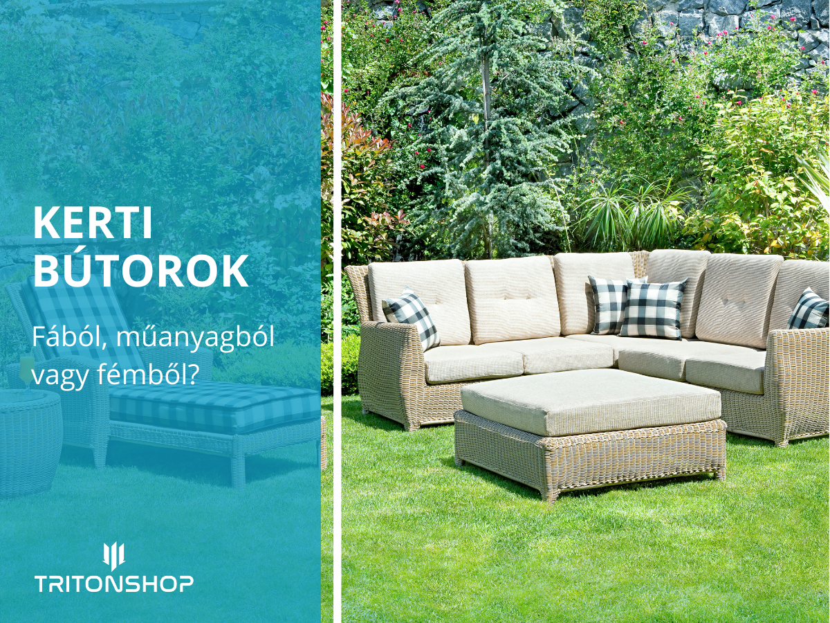 Stílusos kerti bútorok egy zöldellő kertben, párnákkal kiegészítve.