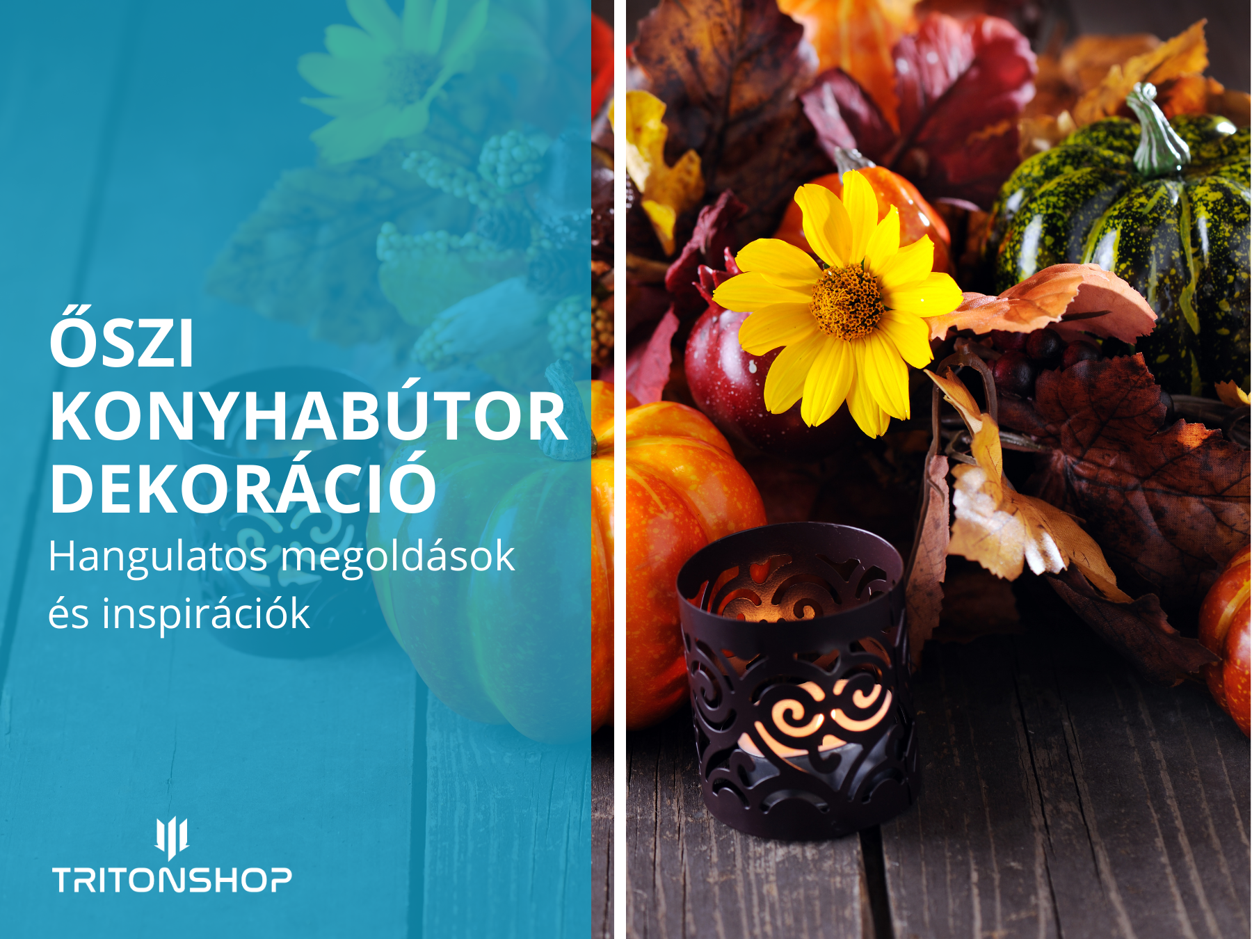 Őszi konyhabútor dekoráció különböző dísztökökkel, virágokkal és gyertyákkal.